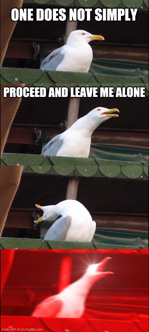 Inhaling Seagull | ONE DOES NOT SIMPLY; PROCEED AND LEAVE ME ALONE | image tagged in memes,inhaling seagull | made w/ Imgflip meme maker