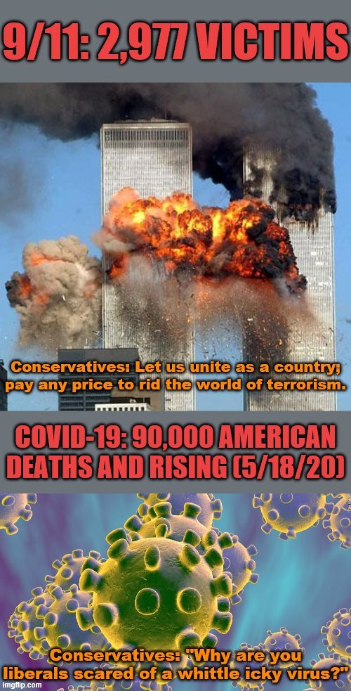 GOP logic: Then and now. Remember 9/11 truthers? Now their modern equivalents run the place. | image tagged in 9/11 vs covid-19 conservative logic,patriotism,covid-19,coronavirus,9/11,9/11 truth movement | made w/ Imgflip meme maker