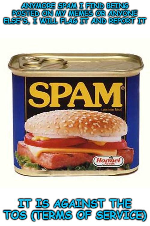 If you don't know what spam is, it's posting crap like "Memecat" and "the blue icon" meme. | ANYMORE SPAM I FIND BEING POSTED ON MY MEMES OR ANYONE ELSE'S, I WILL FLAG IT AND REPORT IT; IT IS AGAINST THE TOS (TERMS OF SERVICE) | image tagged in spam,imgflip | made w/ Imgflip meme maker