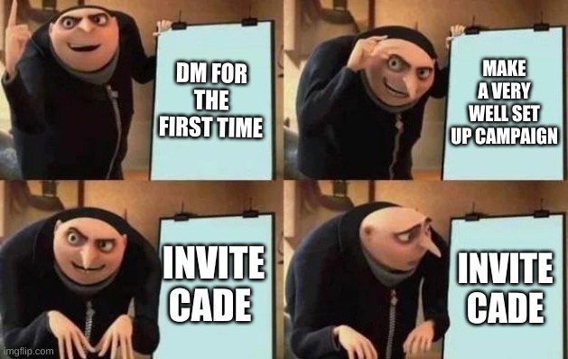 dnd | DM FOR THE FIRST TIME; MAKE A VERY WELL SET UP CAMPAIGN; INVITE CADE; INVITE CADE | image tagged in gru's plan | made w/ Imgflip meme maker
