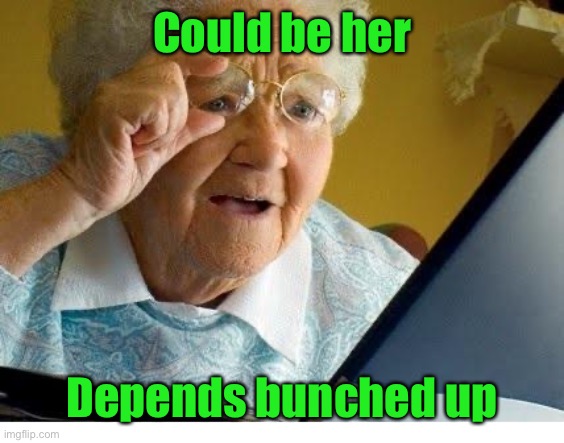 old lady at computer | Could be her Depends bunched up | image tagged in old lady at computer | made w/ Imgflip meme maker