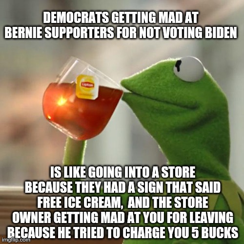 But That's None Of My Business | DEMOCRATS GETTING MAD AT BERNIE SUPPORTERS FOR NOT VOTING BIDEN; IS LIKE GOING INTO A STORE BECAUSE THEY HAD A SIGN THAT SAID FREE ICE CREAM,  AND THE STORE OWNER GETTING MAD AT YOU FOR LEAVING BECAUSE HE TRIED TO CHARGE YOU 5 BUCKS | image tagged in memes,but that's none of my business,kermit the frog | made w/ Imgflip meme maker