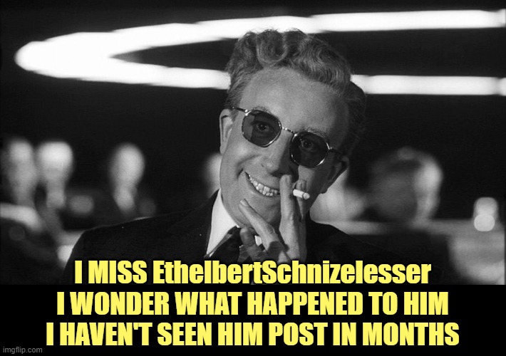 Doctor Strangelove says... | I MISS EthelbertSchnizelesser
I WONDER WHAT HAPPENED TO HIM
I HAVEN'T SEEN HIM POST IN MONTHS | image tagged in doctor strangelove says | made w/ Imgflip meme maker