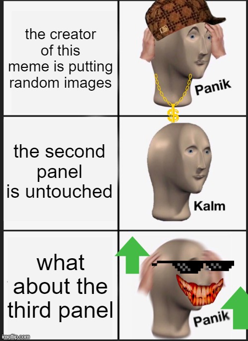 0h n0 | the creator of this meme is putting random images; the second panel is untouched; what about the third panel | image tagged in memes,panik kalm panik,editing is gamer bruh | made w/ Imgflip meme maker