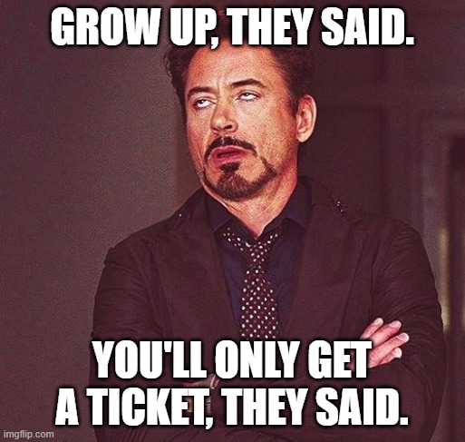 Robert Downey Jr Annoyed | GROW UP, THEY SAID. YOU'LL ONLY GET A TICKET, THEY SAID. | image tagged in robert downey jr annoyed | made w/ Imgflip meme maker