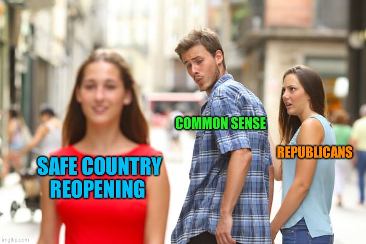 Distracted Boyfriend Meme | SAFE COUNTRY REOPENING COMMON SENSE REPUBLICANS | image tagged in memes,distracted boyfriend | made w/ Imgflip meme maker