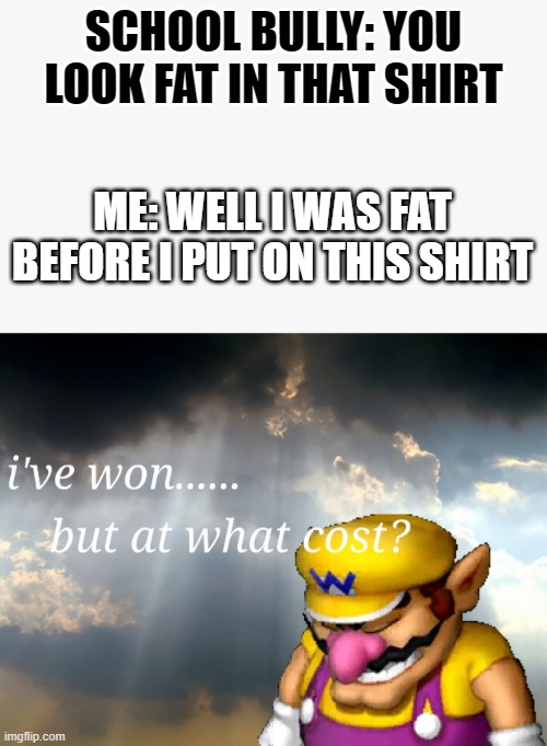 I've won but at what cost | SCHOOL BULLY: YOU LOOK FAT IN THAT SHIRT; ME: WELL I WAS FAT BEFORE I PUT ON THIS SHIRT | image tagged in i've won but at what cost | made w/ Imgflip meme maker