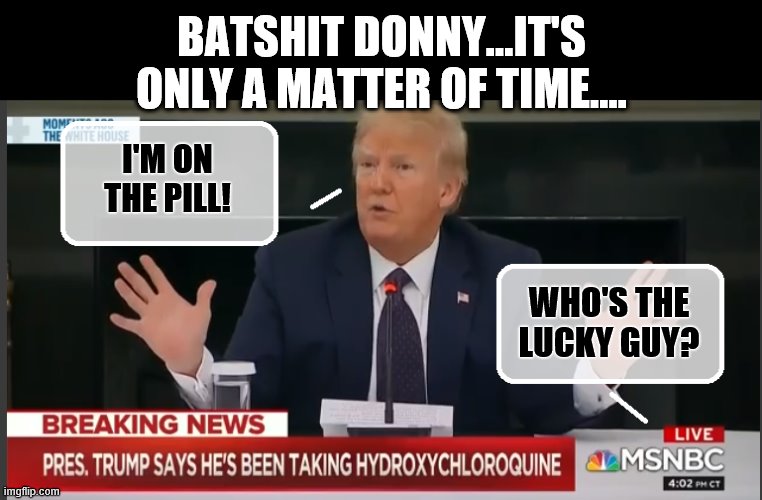 Trump's Big Announcement! | BATSHIT DONNY...IT'S ONLY A MATTER OF TIME.... I'M ON THE PILL! WHO'S THE LUCKY GUY? | image tagged in birth control,donald trump is an idiot,trump is a moron,bullshit | made w/ Imgflip meme maker
