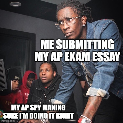 Young Thug and Lil Durk troubleshooting | ME SUBMITTING MY AP EXAM ESSAY; MY AP SPY MAKING SURE I'M DOING IT RIGHT | image tagged in young thug and lil durk troubleshooting | made w/ Imgflip meme maker
