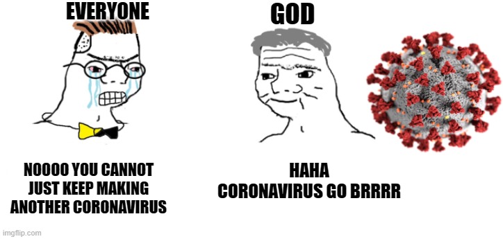 Haha coronavirus go brrr | GOD; EVERYONE; NOOOO YOU CANNOT JUST KEEP MAKING ANOTHER CORONAVIRUS; HAHA CORONAVIRUS GO BRRRR | image tagged in funny | made w/ Imgflip meme maker