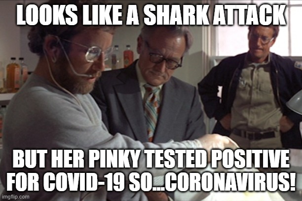 Don't believe the numbers. They are not as bad as they are made out to be. | LOOKS LIKE A SHARK ATTACK; BUT HER PINKY TESTED POSITIVE FOR COVID-19 SO...CORONAVIRUS! | image tagged in memes,dems are evil,inflating numbers,covid-19 | made w/ Imgflip meme maker