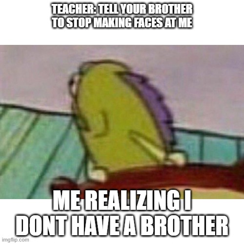 Fish looking back | TEACHER: TELL YOUR BROTHER TO STOP MAKING FACES AT ME; ME REALIZING I DONT HAVE A BROTHER | image tagged in fish looking back | made w/ Imgflip meme maker