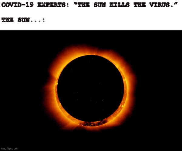 Hiding sun 2020 | COVID-19 EXPERTS: “THE SUN KILLS THE VIRUS.”

   
THE SUN...: | image tagged in memes,sun,covid-19,2020 | made w/ Imgflip meme maker