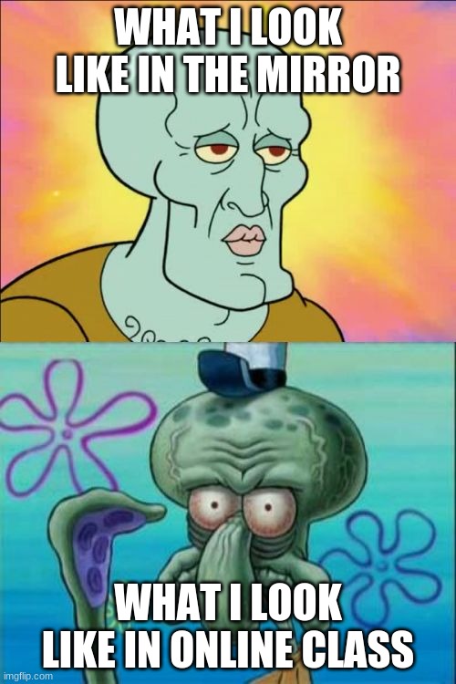 mirror V.S online class | WHAT I LOOK LIKE IN THE MIRROR; WHAT I LOOK LIKE IN ONLINE CLASS | image tagged in memes,squidward | made w/ Imgflip meme maker