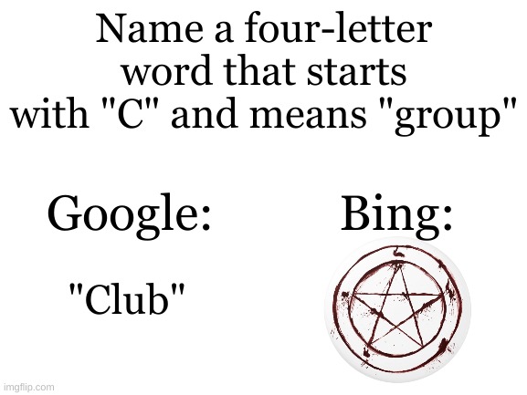Cult | Name a four-letter word that starts with "C" and means "group"; Bing:; Google:; "Club" | image tagged in blank white template,memes | made w/ Imgflip meme maker