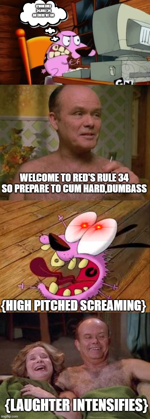Courage's Weird That 70's Show Rule 34 | C'MON RULE 34,RULE 34 AH THERE WE GO; WELCOME TO RED'S RULE 34 SO PREPARE TO CUM HARD,DUMBASS; {HIGH PITCHED SCREAMING}; {LAUGHTER INTENSIFIES} | image tagged in that 70 show,courage,angry courage at the computer,rule 34 | made w/ Imgflip meme maker