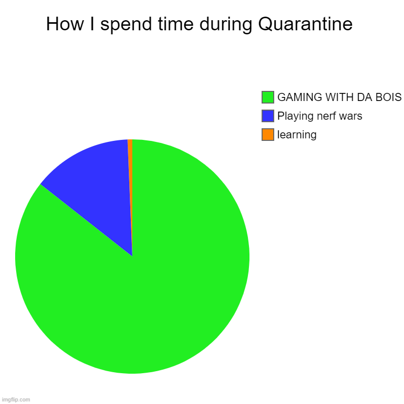 Quarantine life | How I spend time during Quarantine | learning, Playing nerf wars, GAMING WITH DA BOIS | image tagged in charts,pie charts | made w/ Imgflip chart maker