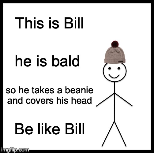Be Like Bill Meme | This is Bill; he is bald; so he takes a beanie and covers his head; Be like Bill | image tagged in memes,be like bill | made w/ Imgflip meme maker