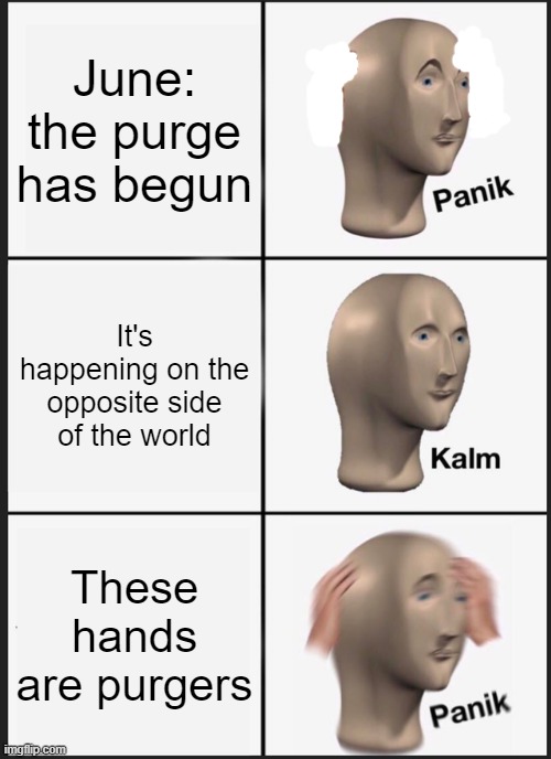 Panik Kalm Panik Meme | June: the purge has begun; It's happening on the opposite side of the world; These hands are purgers | image tagged in memes,panik kalm panik | made w/ Imgflip meme maker