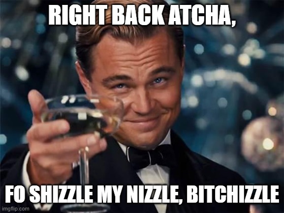 wolf of wall street | RIGHT BACK ATCHA, FO SHIZZLE MY NIZZLE, BITCHIZZLE | image tagged in wolf of wall street | made w/ Imgflip meme maker