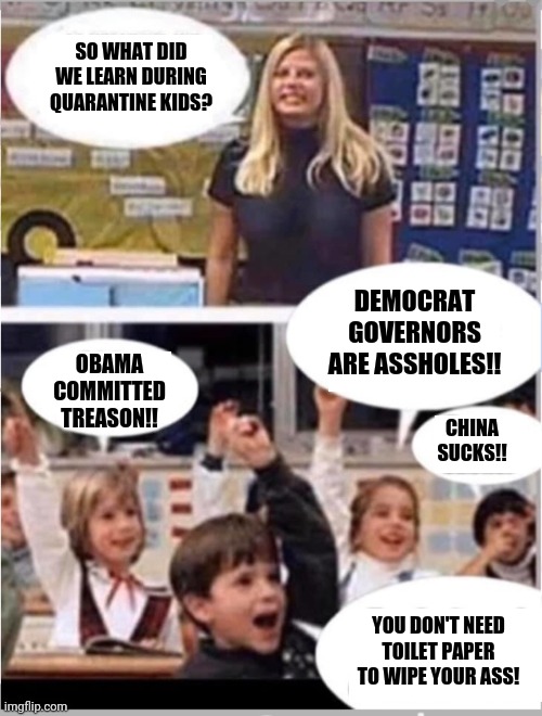So What Did We Learn During Quarantine Kids? | SO WHAT DID WE LEARN DURING QUARANTINE KIDS? DEMOCRAT GOVERNORS ARE ASSHOLES!! OBAMA COMMITTED TREASON!! CHINA SUCKS!! YOU DON'T NEED TOILET PAPER TO WIPE YOUR ASS! | image tagged in quarantine | made w/ Imgflip meme maker
