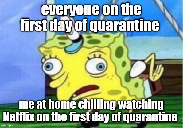 Mocking Spongebob | everyone on the first day of quarantine; me at home chilling watching Netflix on the first day of quarantine | image tagged in memes,mocking spongebob | made w/ Imgflip meme maker