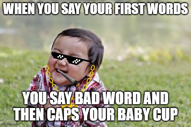 Evil Toddler Meme | WHEN YOU SAY YOUR FIRST WORDS; YOU SAY BAD WORD AND THEN CAPS YOUR BABY CUP | image tagged in memes,evil toddler | made w/ Imgflip meme maker