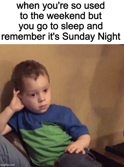 when you're so used to the weekend but you go to sleep and remember it's Sunday Night | image tagged in blank white template,bored kid | made w/ Imgflip meme maker