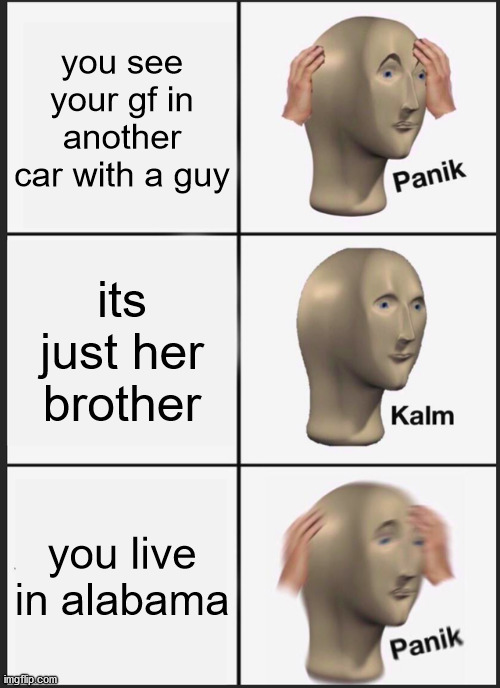 aaaa wtf | you see your gf in another car with a guy; its just her brother; you live in alabama | image tagged in memes,panik kalm panik | made w/ Imgflip meme maker