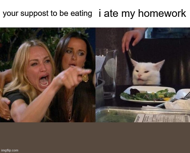 Woman Yelling At Cat Meme | your suppost to be eating; i ate my homework | image tagged in memes,woman yelling at cat | made w/ Imgflip meme maker