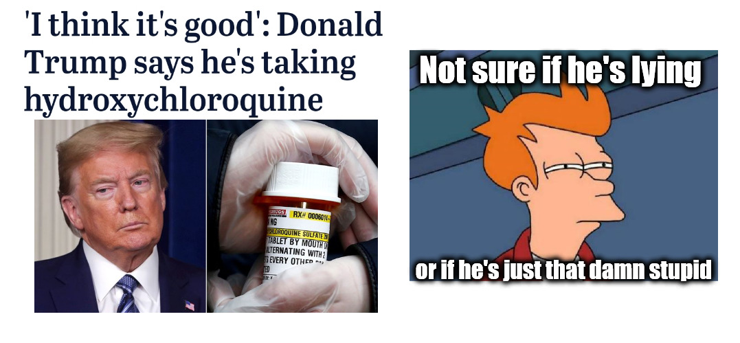 Lying or stupid | Not sure if he's lying; or if he's just that damn stupid | image tagged in donald trump,hydroxychloroquin,covid-19,coronavirus,lying,stupid people | made w/ Imgflip meme maker