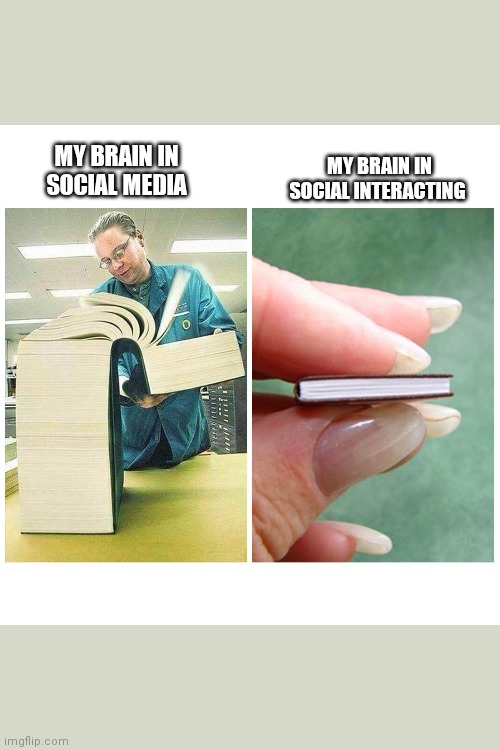 Big book vs Little Book | MY BRAIN IN SOCIAL INTERACTING; MY BRAIN IN SOCIAL MEDIA | image tagged in big book vs little book | made w/ Imgflip meme maker