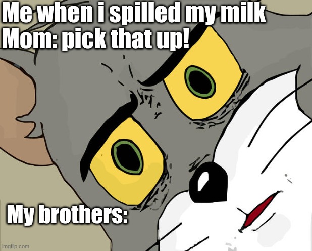 The Molk | Me when i spilled my milk
Mom: pick that up! My brothers: | image tagged in memes,unsettled tom | made w/ Imgflip meme maker
