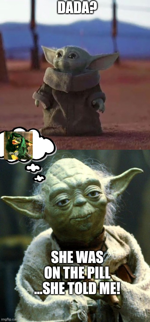 Papa Yoda | DADA? SHE WAS ON THE PILL ...SHE TOLD ME! | image tagged in memes,star wars yoda,baby yoda | made w/ Imgflip meme maker
