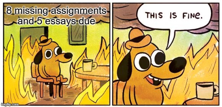 This Is Fine | 8 missing assignments and 5 essays due | image tagged in memes,this is fine | made w/ Imgflip meme maker