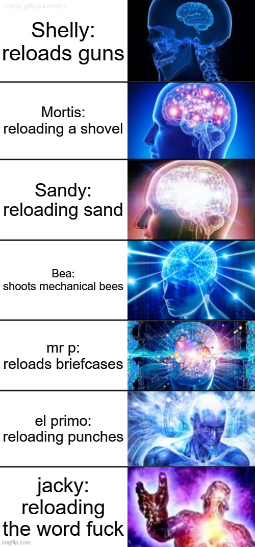 the last one is the  biggest of all | Shelly:
reloads guns; Mortis:
reloading a shovel; Sandy:
reloading sand; Bea:
shoots mechanical bees; mr p:
reloads briefcases; el primo:
reloading punches; jacky:
reloading the word fuck | image tagged in 7-tier expanding brain | made w/ Imgflip meme maker