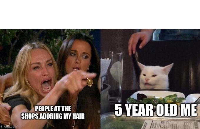 i have red hair aha | 5 YEAR OLD ME; PEOPLE AT THE SHOPS ADORING MY HAIR | image tagged in memes,woman yelling at cat | made w/ Imgflip meme maker
