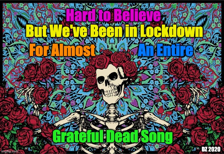 Quarantine | But We've Been in Lockdown; Hard to Believe; For Almost; An Entire; Grateful Dead Song; DZ 2020 | image tagged in grateful dead,lockdown,songs,coronavirus,quarantine | made w/ Imgflip meme maker