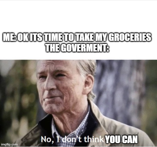 i wont let you pass | ME: OK ITS TIME TO TAKE MY GROCERIES
THE GOVERMENT:; YOU CAN | image tagged in no i don't think i will | made w/ Imgflip meme maker