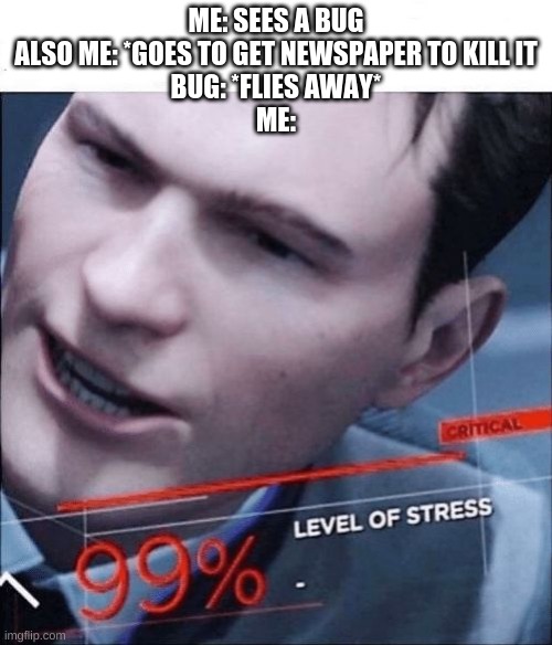 99% Level of Stress | ME: SEES A BUG
ALSO ME: *GOES TO GET NEWSPAPER TO KILL IT
BUG: *FLIES AWAY*
ME: | image tagged in 99 level of stress | made w/ Imgflip meme maker