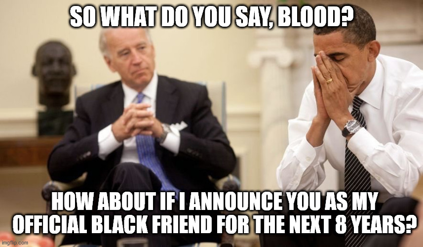 Biden 2020 | SO WHAT DO YOU SAY, BLOOD? HOW ABOUT IF I ANNOUNCE YOU AS MY OFFICIAL BLACK FRIEND FOR THE NEXT 8 YEARS? | image tagged in biden obama | made w/ Imgflip meme maker
