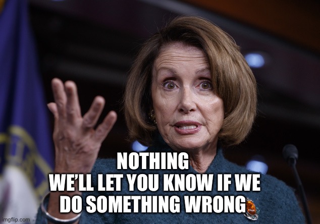 Good old Nancy Pelosi | NOTHING 
WE’LL LET YOU KNOW IF WE DO SOMETHING WRONG | image tagged in good old nancy pelosi | made w/ Imgflip meme maker