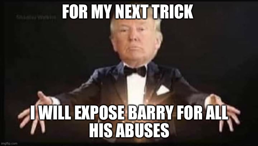 Trump Magic trick | FOR MY NEXT TRICK I WILL EXPOSE BARRY FOR ALL
HIS ABUSES | image tagged in trump magic trick | made w/ Imgflip meme maker