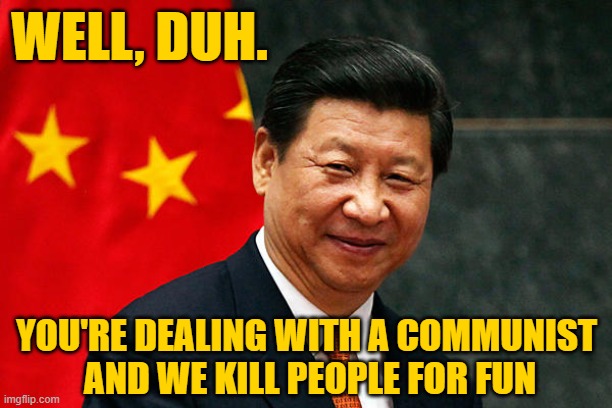 Xi Jinping | WELL, DUH. YOU'RE DEALING WITH A COMMUNIST
 AND WE KILL PEOPLE FOR FUN | image tagged in xi jinping | made w/ Imgflip meme maker