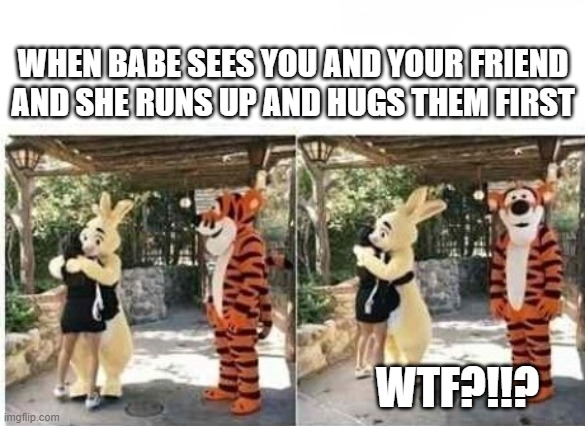 wtf | WHEN BABE SEES YOU AND YOUR FRIEND AND SHE RUNS UP AND HUGS THEM FIRST; WTF?!!? | image tagged in wtf | made w/ Imgflip meme maker
