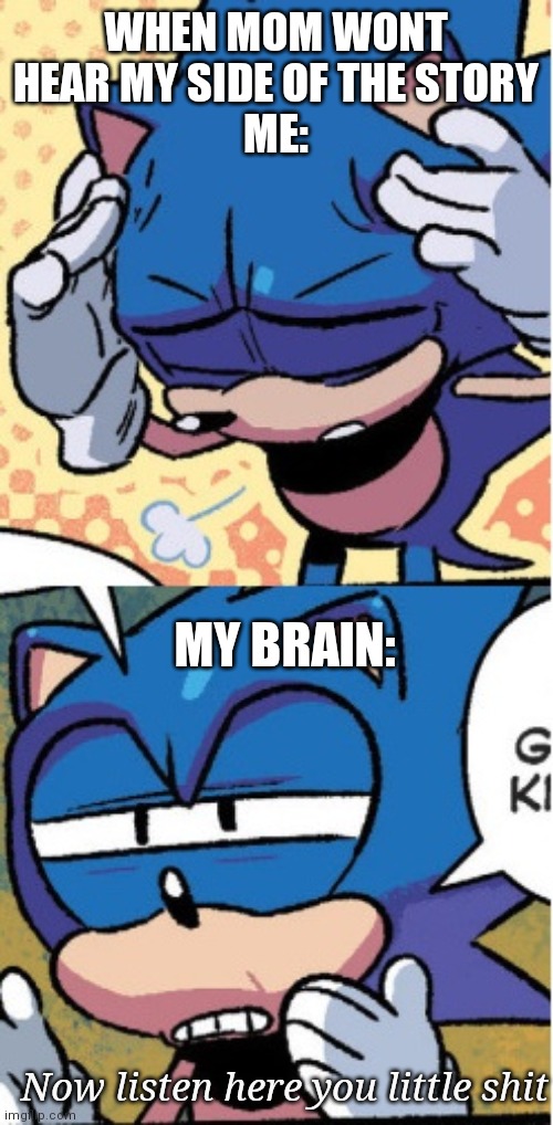 . | WHEN MOM WONT HEAR MY SIDE OF THE STORY
ME:; MY BRAIN:; Now listen here you little shit | image tagged in sonic boi | made w/ Imgflip meme maker