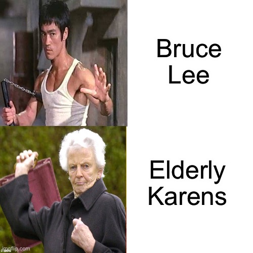 New level of Gods | Bruce Lee; Elderly Karens | image tagged in memes,drake hotline bling,funny,bruce lee,nunchucks | made w/ Imgflip meme maker