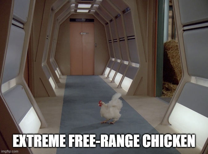 Extreme Free-Range Chicken | EXTREME FREE-RANGE CHICKEN | image tagged in free-range chicken,star trek the next generation | made w/ Imgflip meme maker
