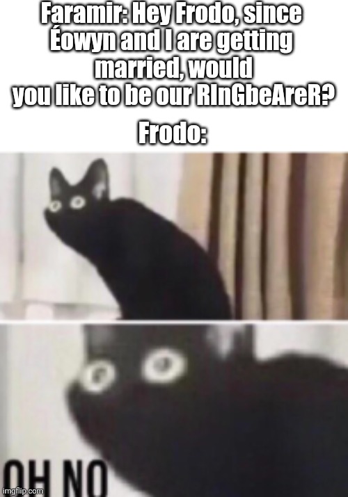 Oh no cat | Faramir: Hey Frodo, since 
Éowyn and I are getting 
married, would you like to be our RInGbeAreR? Frodo: | image tagged in oh no cat,lord of the rings | made w/ Imgflip meme maker