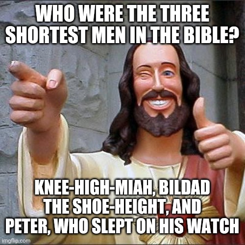 I think this meme might fall short. | WHO WERE THE THREE SHORTEST MEN IN THE BIBLE? KNEE-HIGH-MIAH, BILDAD THE SHOE-HEIGHT, AND PETER, WHO SLEPT ON HIS WATCH | image tagged in memes,buddy christ | made w/ Imgflip meme maker